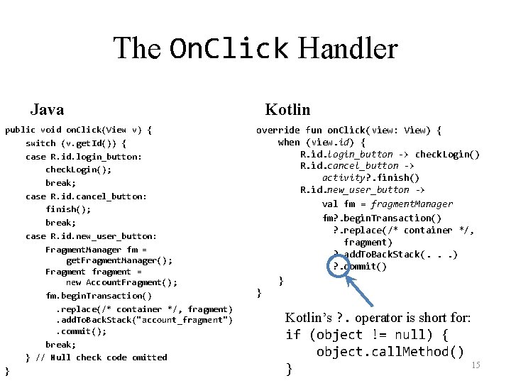 The On. Click Handler Java public void on. Click(View v) { switch (v. get.