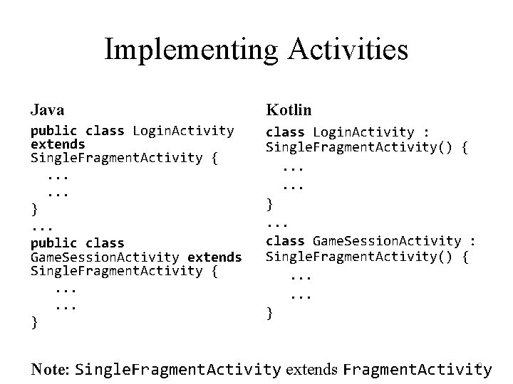 Implementing Activities Java Kotlin public class Login. Activity extends Single. Fragment. Activity { .