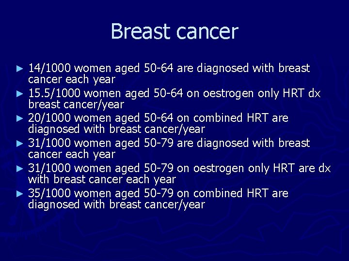 Breast cancer 14/1000 women aged 50 -64 are diagnosed with breast cancer each year