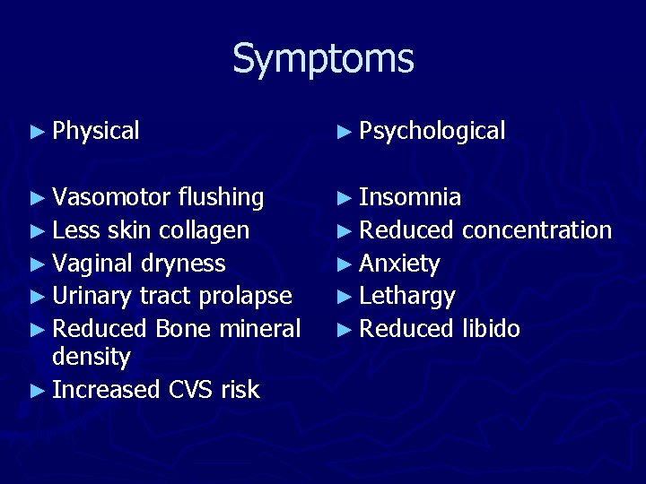 Symptoms ► Physical ► Psychological ► Vasomotor ► Insomnia flushing ► Less skin collagen