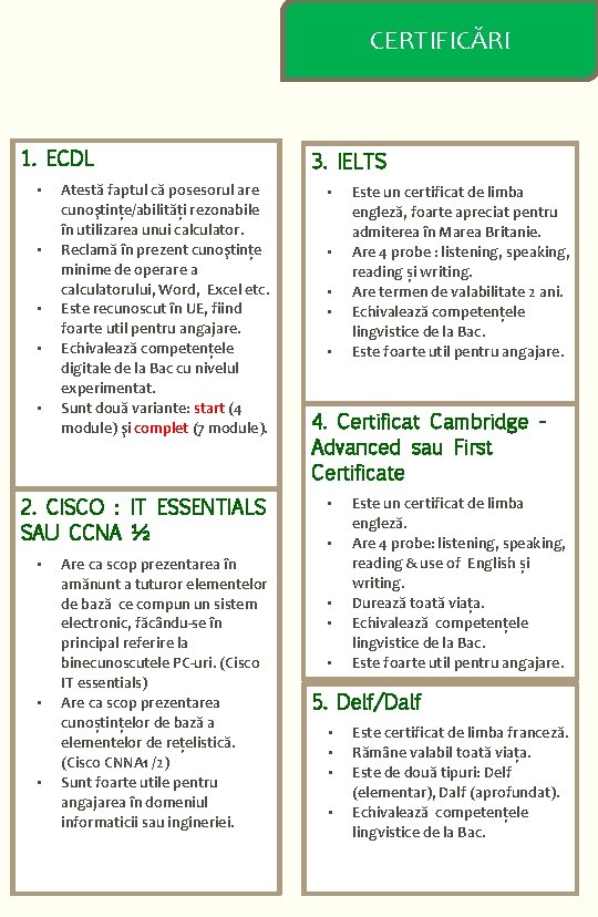 CERTIFICĂRI 1. ECDL • • • Atestă faptul că posesorul are cunoştințe/abilități rezonabile în