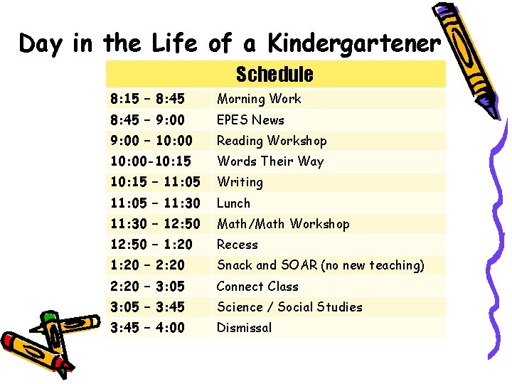 Day in the Life of a Kindergartener Schedule 8: 15 – 8: 45 Morning