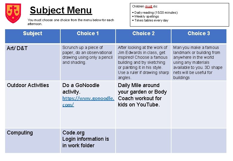 Subject Menu You must choose one choice from the menu below for each afternoon.