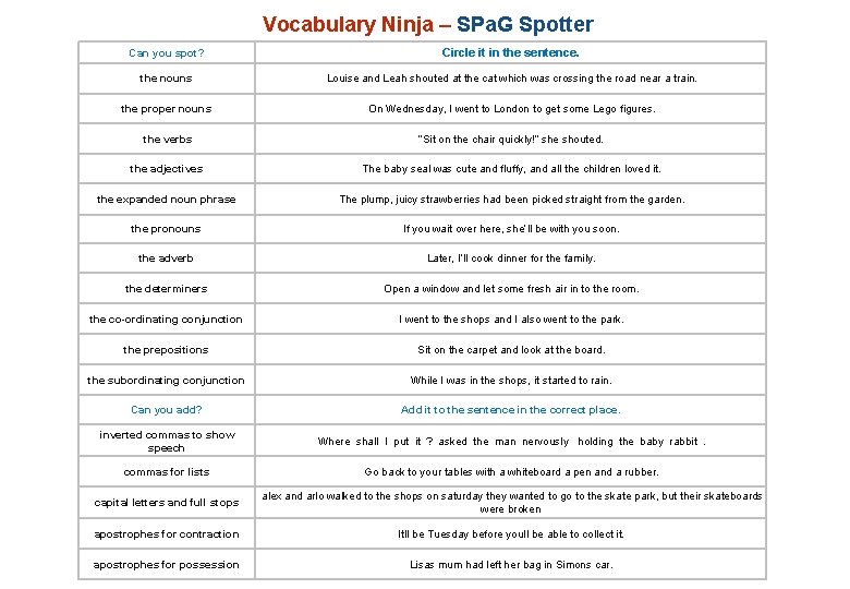 Vocabulary Ninja – SPa. G Spotter Can you spot? Circle it in the sentence.