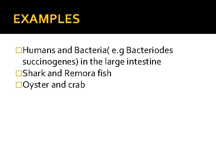 EXAMPLES �Humans and Bacteria( e. g Bacteriodes succinogenes) in the large intestine �Shark and