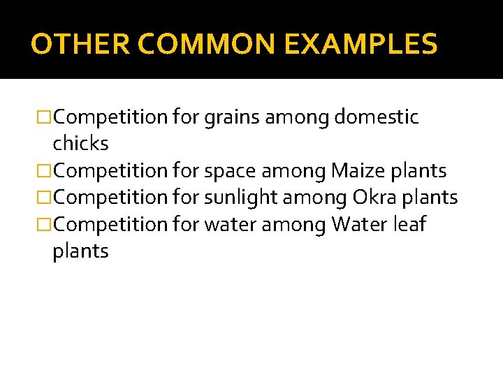 OTHER COMMON EXAMPLES �Competition for grains among domestic chicks �Competition for space among Maize