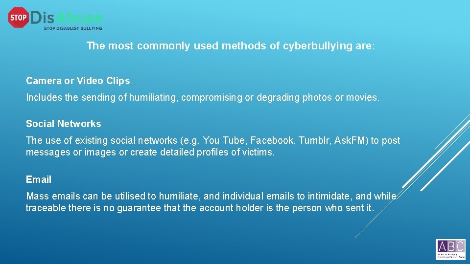 The most commonly used methods of cyberbullying are: Camera or Video Clips Includes the