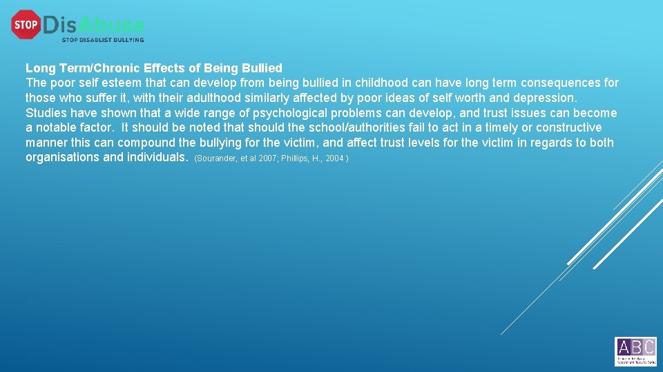 Long Term/Chronic Effects of Being Bullied The poor self esteem that can develop from