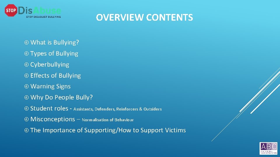 OVERVIEW CONTENTS What is Bullying? Types of Bullying Cyberbullying Effects of Bullying Warning Signs