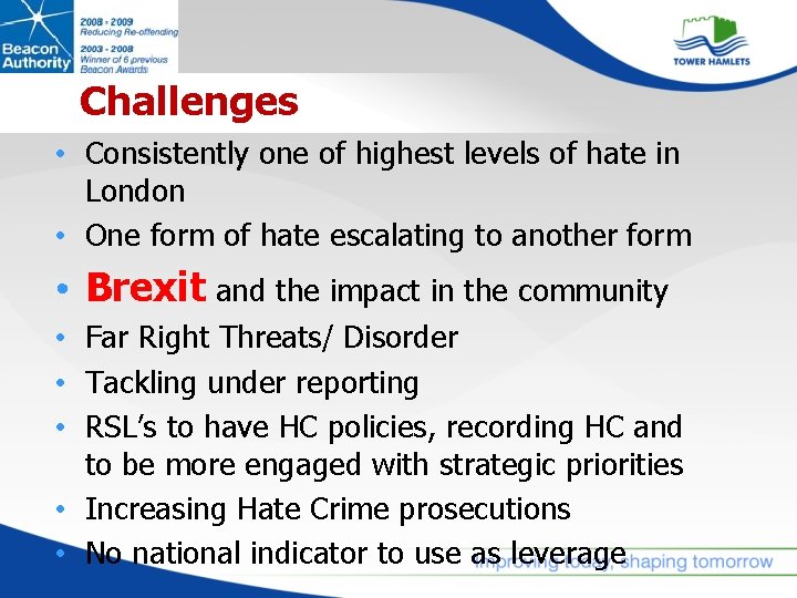 Challenges • Consistently one of highest levels of hate in London • One form