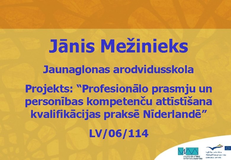 Jānis Mežinieks Jaunaglonas arodvidusskola Projekts: “Profesionālo prasmju un personības kompetenču attīstīšana kvalifikācijas praksē Nīderlandē”