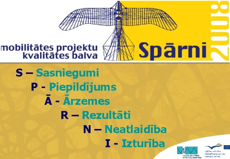 S – Sasniegumi P - Piepildījums Ā - Ārzemes R – Rezultāti N –