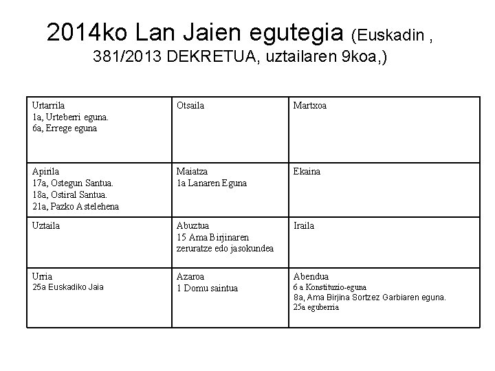 2014 ko Lan Jaien egutegia (Euskadin , 381/2013 DEKRETUA, uztailaren 9 koa, ) Urtarrila