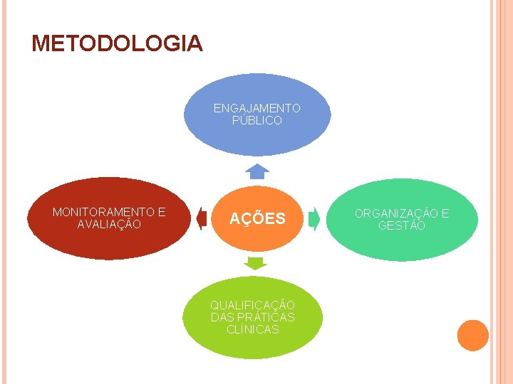 METODOLOGIA ENGAJAMENTO PÚBLICO MONITORAMENTO E AVALIAÇÃO AÇÕES QUALIFICAÇÃO DAS PRÁTICAS CLÍNICAS ORGANIZAÇÃO E GESTÃO