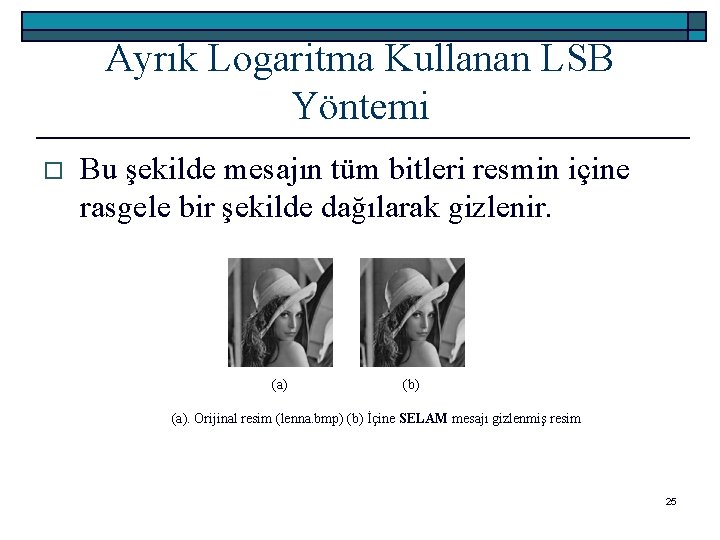 Ayrık Logaritma Kullanan LSB Yöntemi o Bu şekilde mesajın tüm bitleri resmin içine rasgele