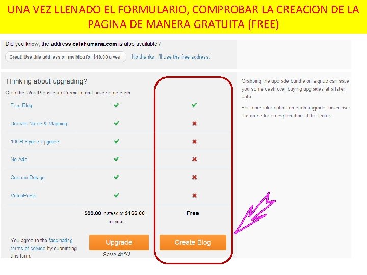 UNA VEZ LLENADO EL FORMULARIO, COMPROBAR LA CREACION DE LA PAGINA DE MANERA GRATUITA