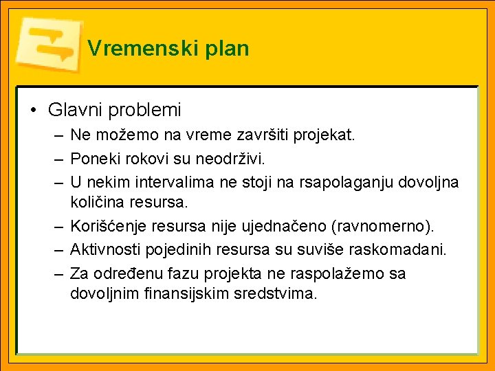 Vremenski plan • Glavni problemi – Ne možemo na vreme završiti projekat. – Poneki