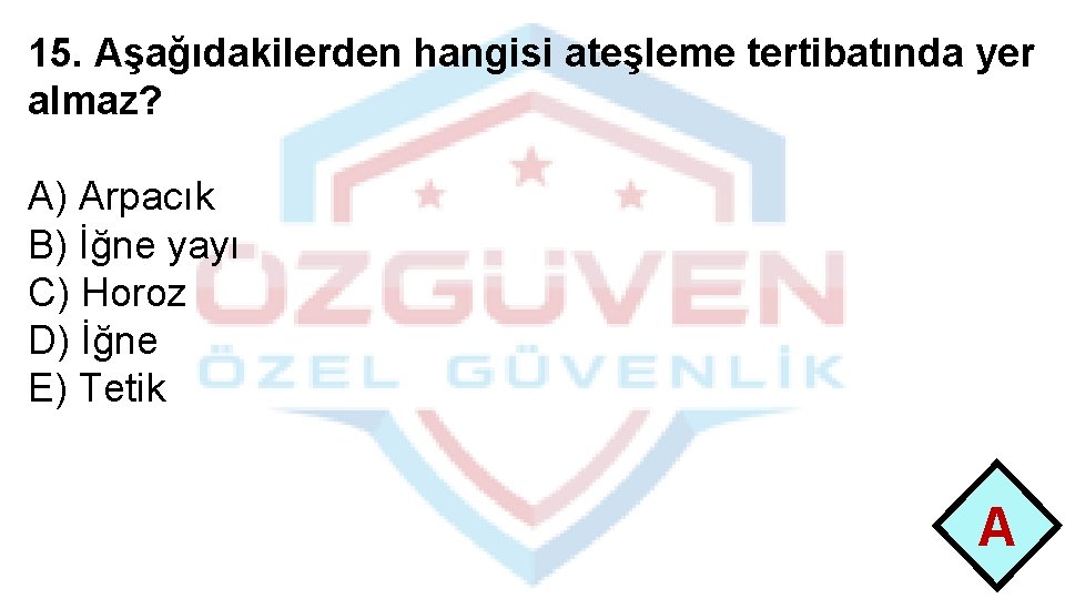 15. Aşağıdakilerden hangisi ateşleme tertibatında yer almaz? A) Arpacık B) İğne yayı C) Horoz