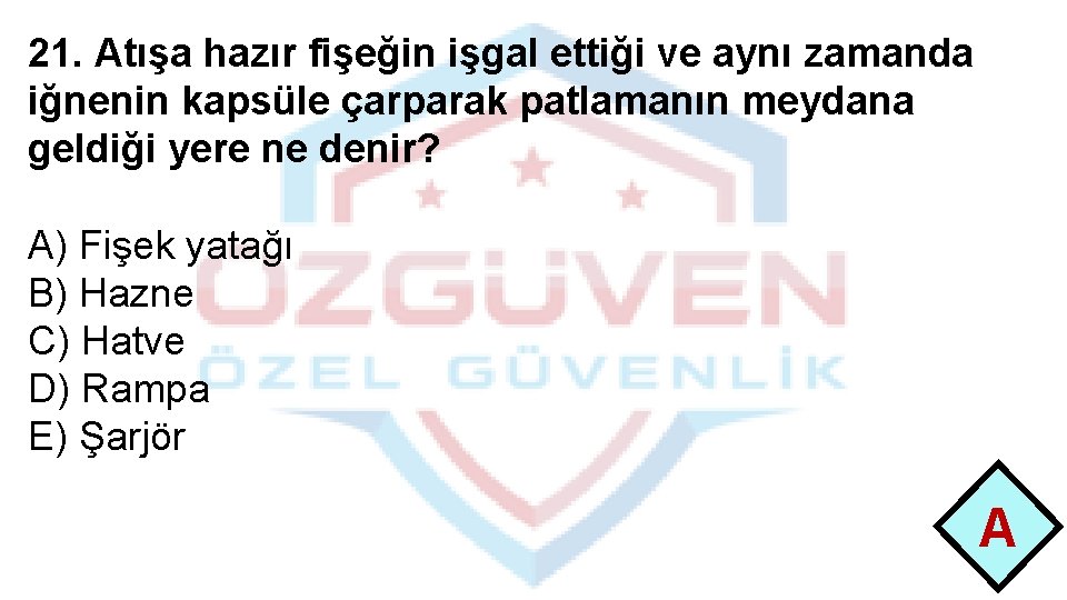 21. Atışa hazır fişeğin işgal ettiği ve aynı zamanda iğnenin kapsüle çarparak patlamanın meydana