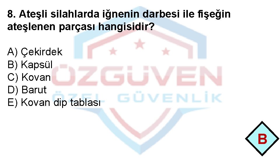 8. Ateşli silahlarda iğnenin darbesi ile fişeğin ateşlenen parçası hangisidir? A) Çekirdek B) Kapsül