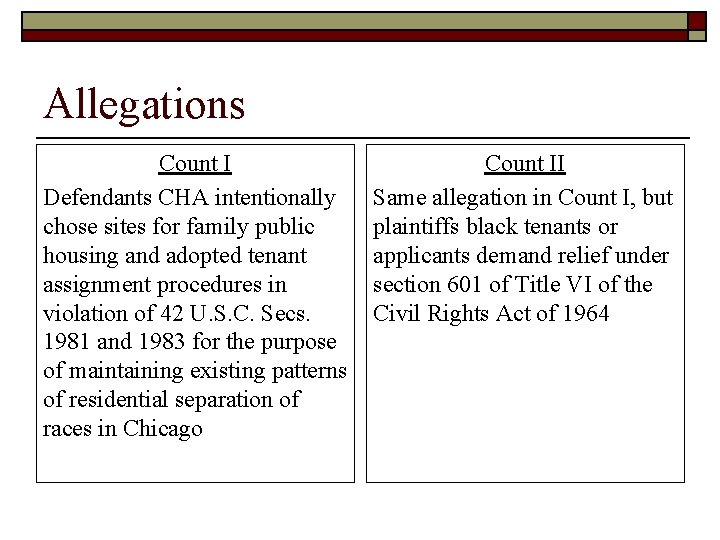 Allegations Count I Defendants CHA intentionally chose sites for family public housing and adopted