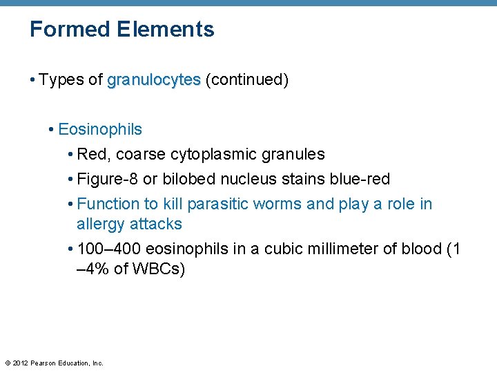 Formed Elements • Types of granulocytes (continued) • Eosinophils • Red, coarse cytoplasmic granules