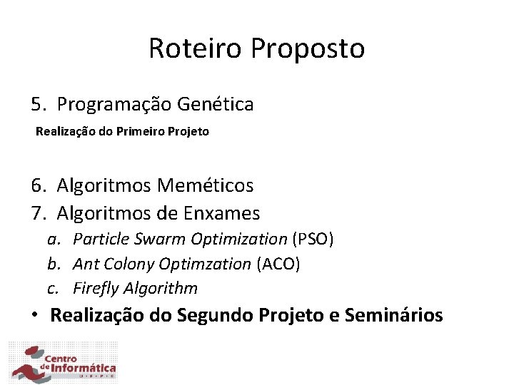 Roteiro Proposto 5. Programação Genética Realização do Primeiro Projeto 6. Algoritmos Meméticos 7. Algoritmos