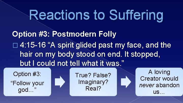 Reactions to Suffering Option #3: Postmodern Folly � 4: 15 -16 “A spirit glided