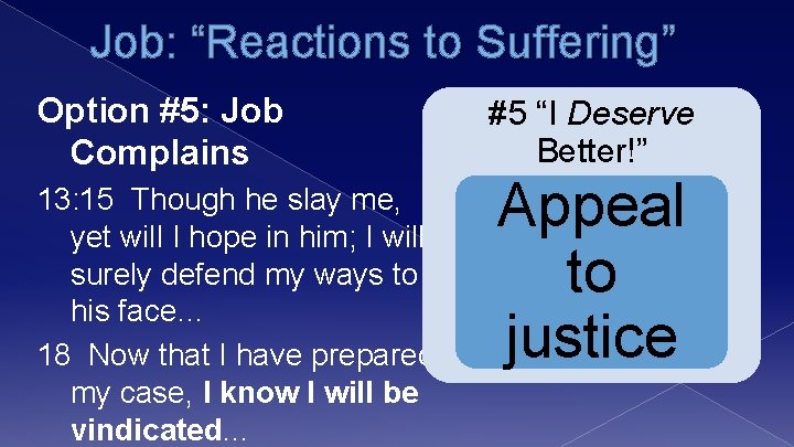 Job: “Reactions to Suffering” Option #5: Job Complains 13: 15 Though he slay me,