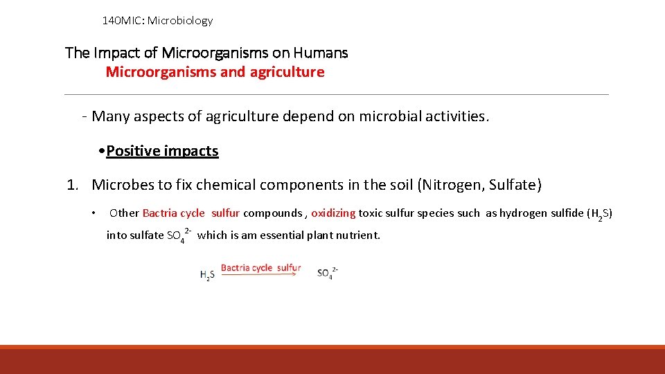 140 MIC: Microbiology The Impact of Microorganisms on Humans Microorganisms and agriculture - Many