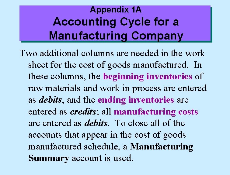 Appendix 1 A Accounting Cycle for a Manufacturing Company Two additional columns are needed