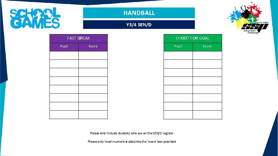 HANDBALL Y 3/4 SEN/D FAST BREAK Pupil SHOOT FOR GOAL Score Pupil Please only