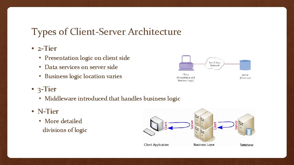 Types of Client-Server Architecture • 2 -Tier • Presentation logic on client side •