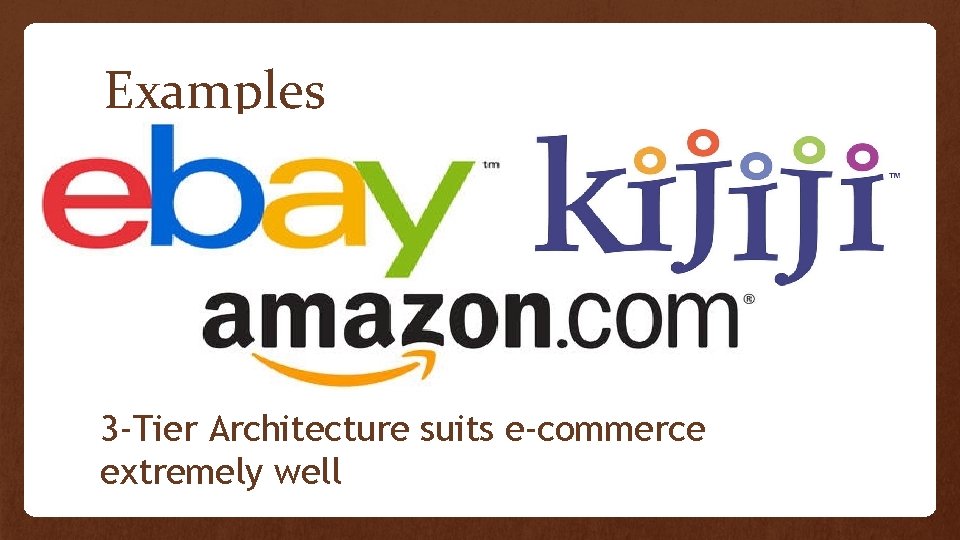 Examples 3 -Tier Architecture suits e-commerce extremely well 