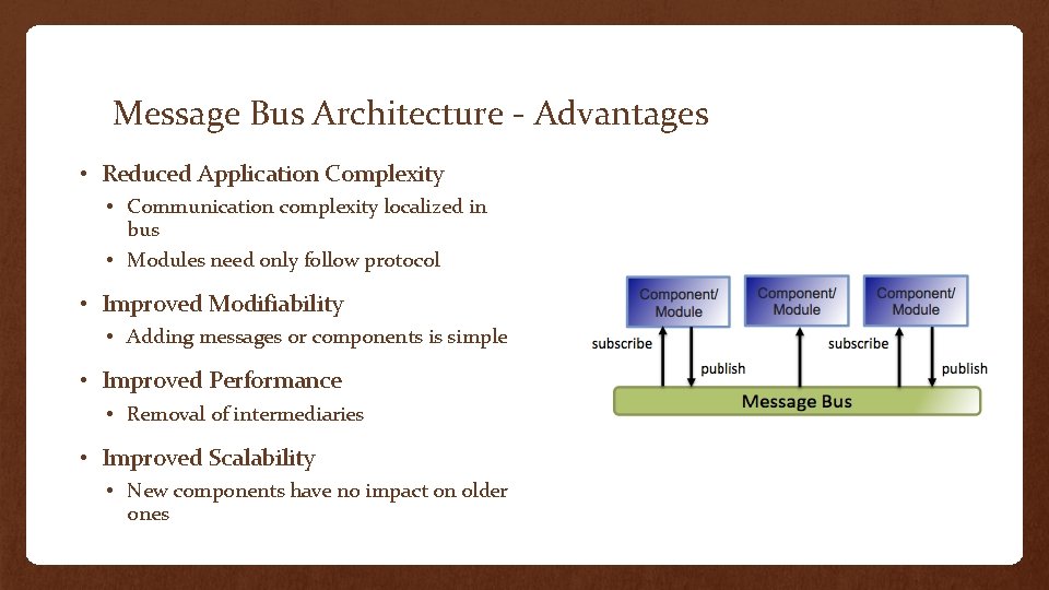 Message Bus Architecture - Advantages • Reduced Application Complexity • Communication complexity localized in