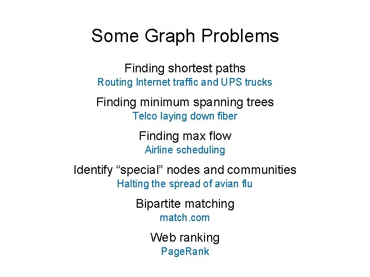 Some Graph Problems Finding shortest paths Routing Internet traffic and UPS trucks Finding minimum