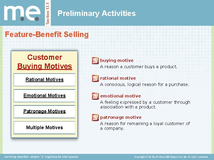 Section 13. 1 Preliminary Activities Feature-Benefit Selling Customer Buying Motives buying motive A reason