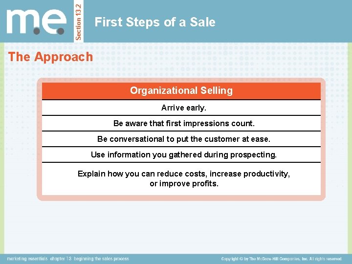 Section 13. 2 First Steps of a Sale The Approach Organizational Selling Arrive early.