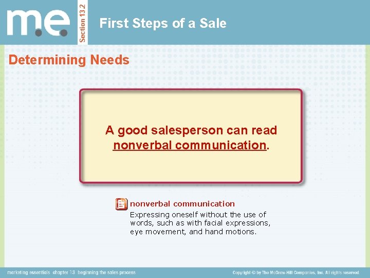 Section 13. 2 First Steps of a Sale Determining Needs A good salesperson can