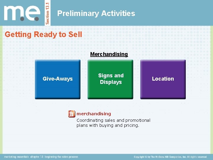 Section 13. 1 Preliminary Activities Getting Ready to Sell Merchandising Give-Aways Signs and Displays