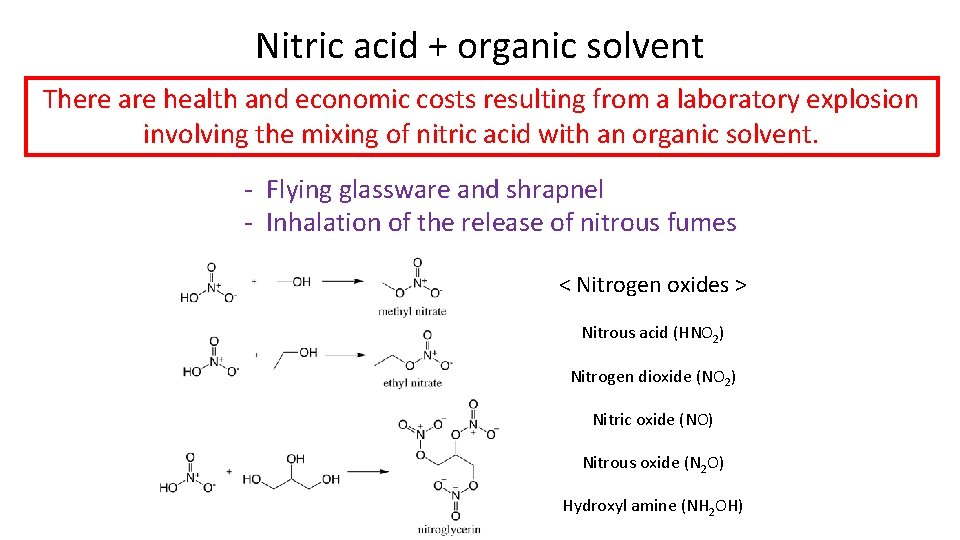 Nitric acid + organic solvent There are health and economic costs resulting from a