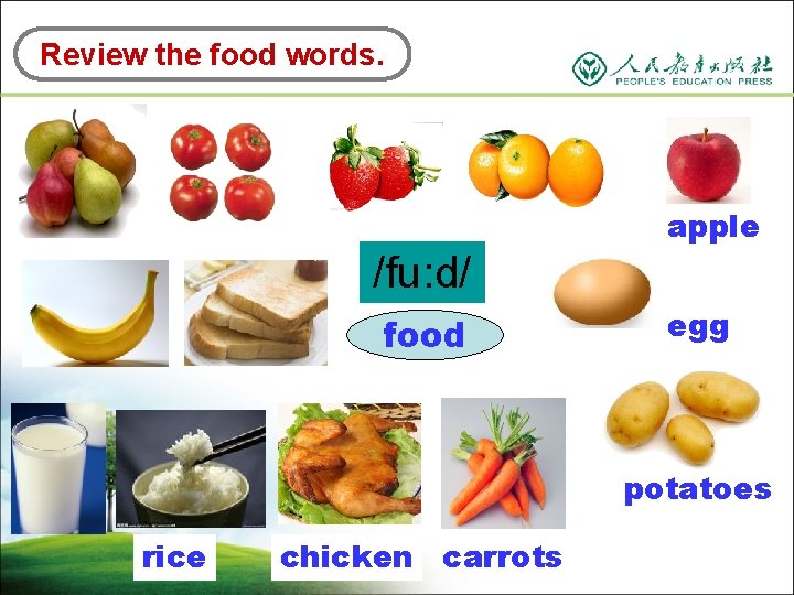 Review the food words. apple /fu: d/ food egg potatoes rice chicken carrots 