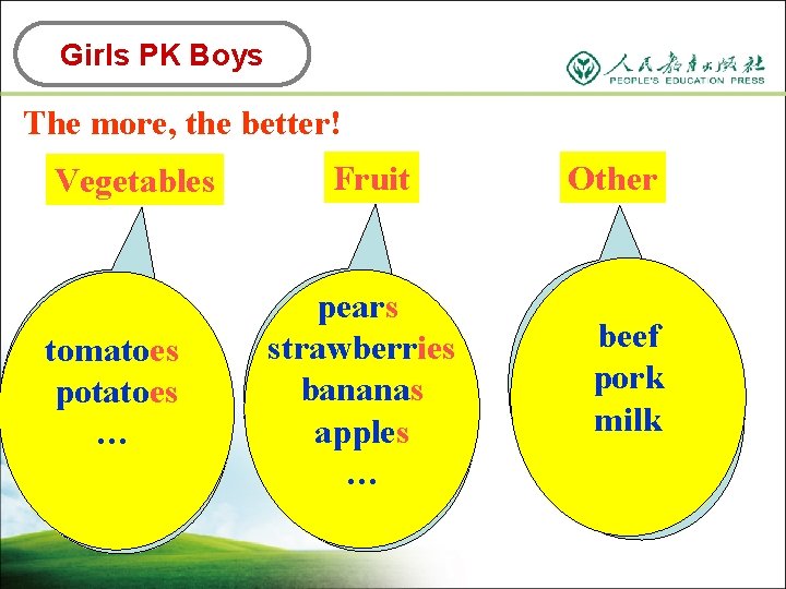 Girls PK Boys The more, the better! Vegetables tomatoes potatoes … Fruit pears strawberries