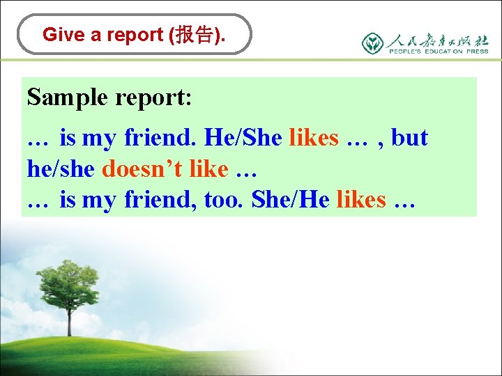 Give a report (报告). Sample report: … is my friend. He/She likes … ,