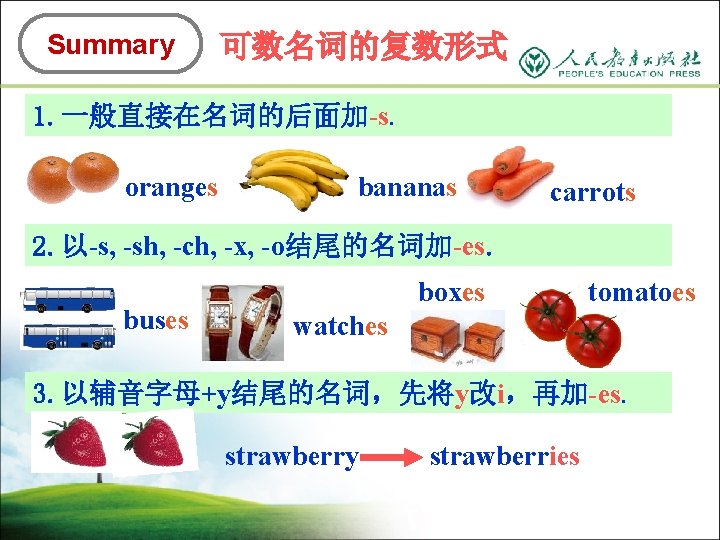 Summary 可数名词的复数形式 1. 一般直接在名词的后面加-s. oranges bananas carrots 2. 以-s, -sh, -ch, -x, -o结尾的名词加-es. buses