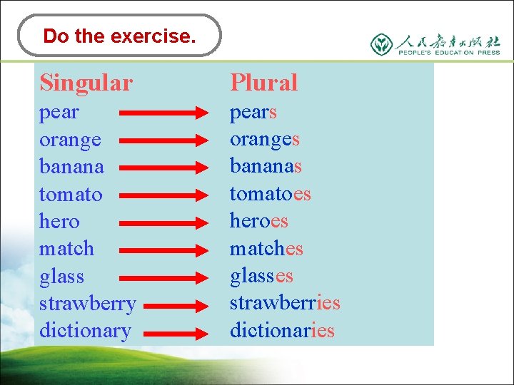 Do the exercise. Singular Plural pear orange banana tomato hero match glass strawberry dictionary