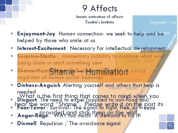 9 Affects Innate activation of affects Tomkin’s Institute ▪ Enjoyment-Joy: Human connection- we seek