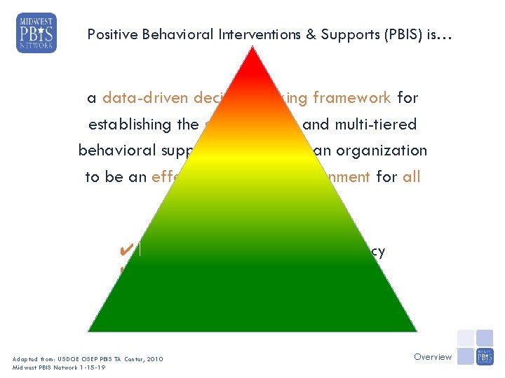 Positive Behavioral Interventions & Supports (PBIS) is… a data-driven decision making framework for establishing