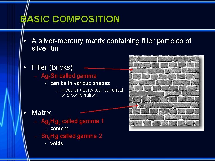 BASIC COMPOSITION • A silver-mercury matrix containing filler particles of silver-tin • Filler (bricks)