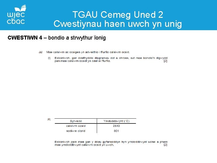 TGAU Cemeg Uned 2 Cwestiynau haen uwch yn unig CWESTIWN 4 – bondio a